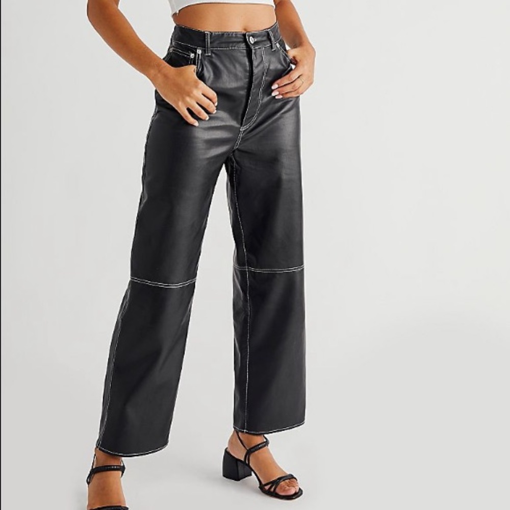 Free People the It Factor Black Leather Wide Leg Pants